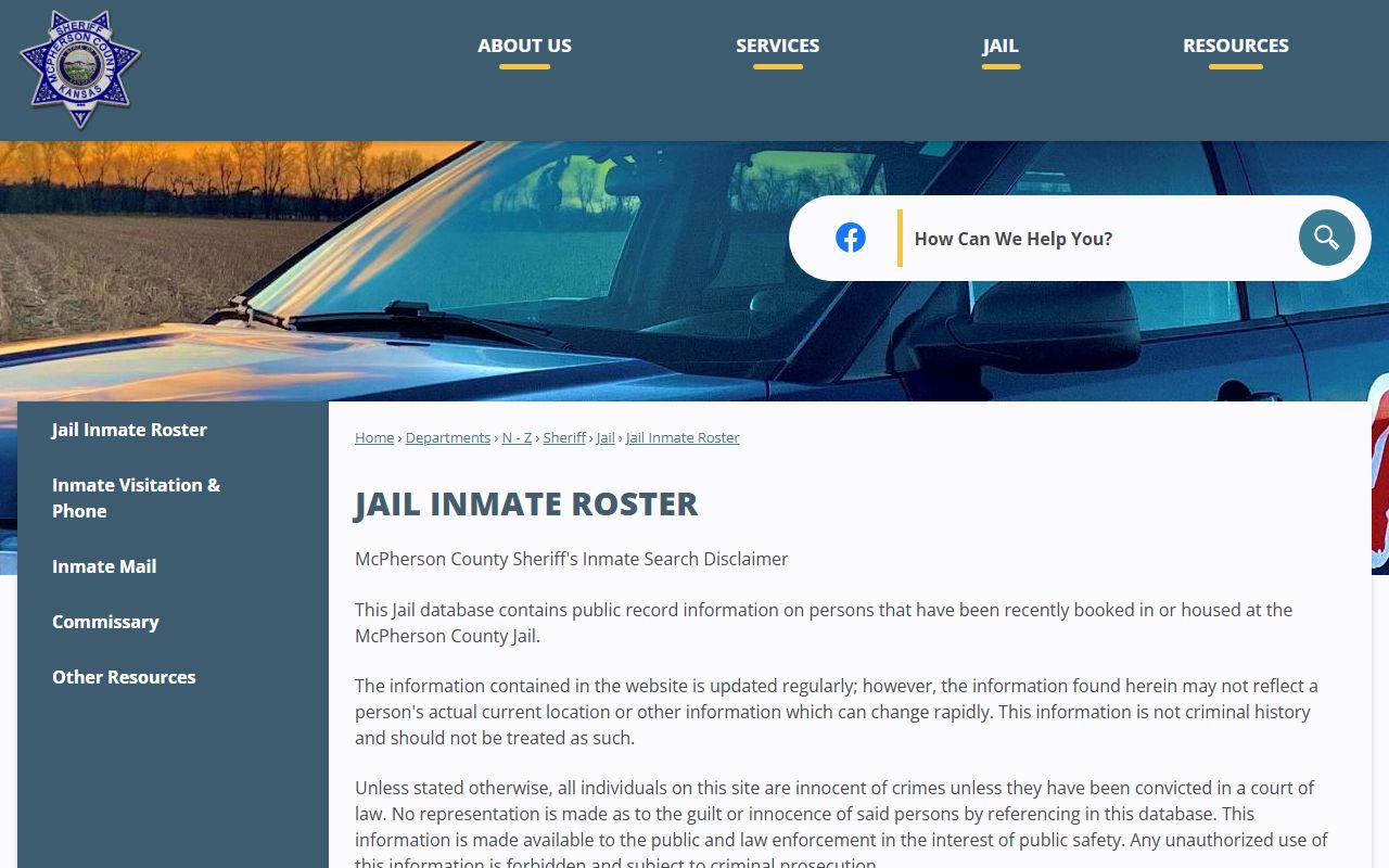 McPherson County inmate population jail roster disclaimer page