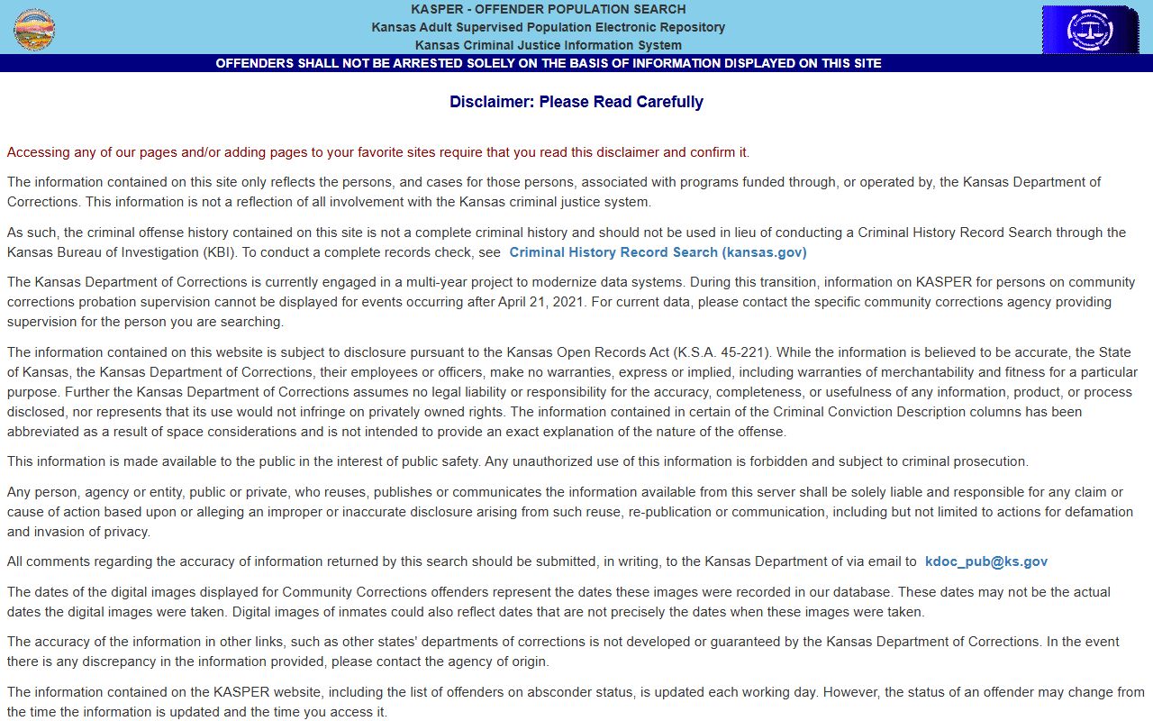 Kansas KASPER McPherson County inmate population state search